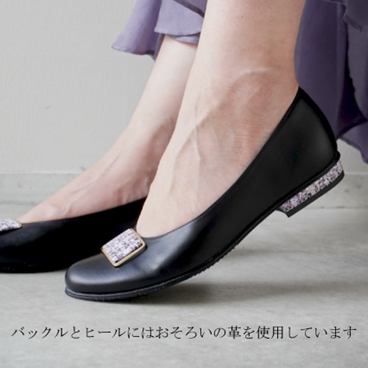 z-152blpupバックルローヒールパンプス/ブラック×パープルツイードプリントレザー