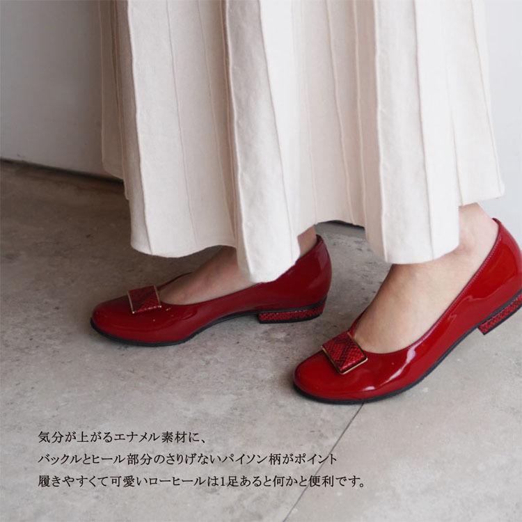 z-152 バックルローヒールパンプス/エナメルレッド・ブラック