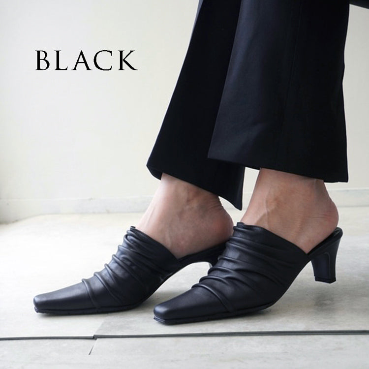 z-5694 6cmヒールプリーツミュール／ブラック・オーク